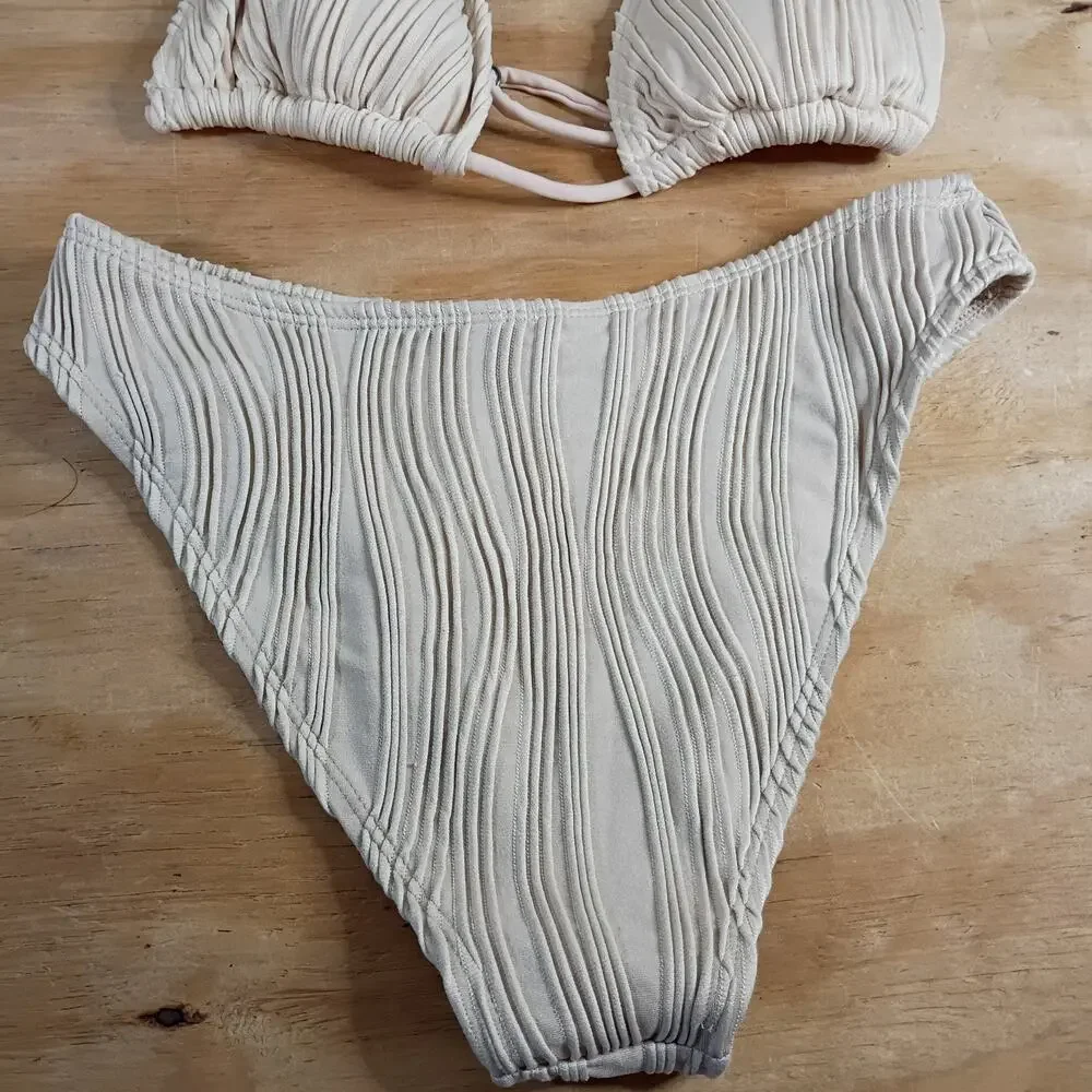 SHEIN Size 14Y Teen 3PC Swimwear Set Cream Textured Bikini & Cover Up Skirt Set